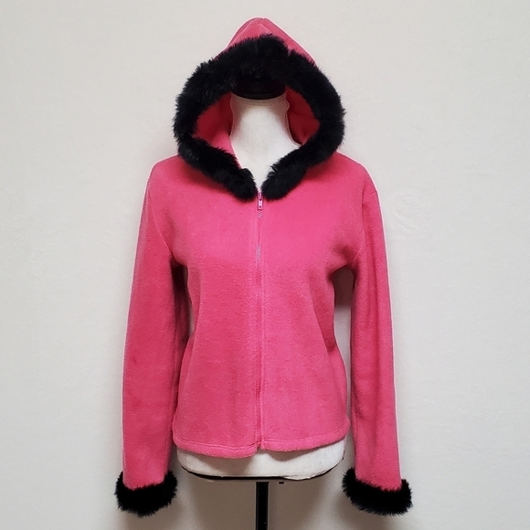 VINTAGE OOAK Upcycled Hot Pink Fleece Black Rabbit Fur Trim Full-zip Cardigan - Picture 5 of 16